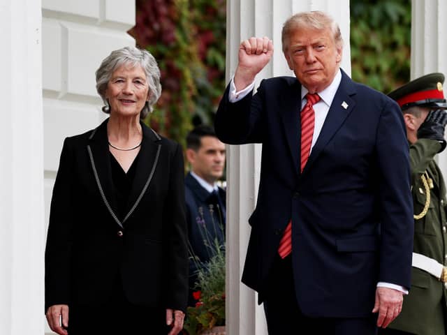 DUBLIN, IRELAND - SEPTEMBER 12: U.S. President Donald Trump is greeted by Irish President Catherine Connolly during an arrival ceremony at Áras an Uachtaráin on September 12, 2026 in Dublin, Ireland. U.S. President Donald Trump is on a two-day non-state visit to Ireland. Among other events today, he is holding a bilateral meeting with Taoiseach Micheál Martin at Farmleigh House in the Phoenix Park. (Photo by Anna Moneymaker/Getty Images)