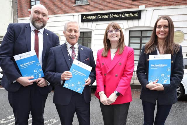Economy Minister Dr Caoimhe Archibald is pictured at Armagh Credit Union with Martin Fisher, Head of NI, Irish League of Credit Unions; Martin Busch, President, Irish League of Credit Unions; and Maeve Mullan, Risk and Compliance Manager at Armagh Credit Union.