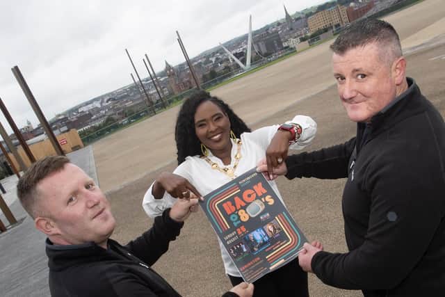 Mayor Lillian Seenoi-Barr pictured at Ebrington Square on Monday with Gary Curran and Stephen Doherty, Inn Events (Promoters).