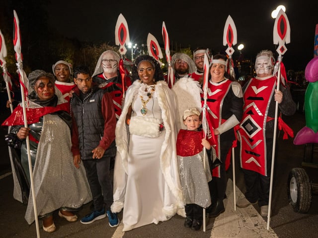 The Mayor Councillor Lilian Seenoi-Barr who dressed as a Derry Girls Angel with her family as they joined groups from across the North West for Derry City and Strabane District Council's community based Halloween Carnival Parade. Pictcure Martin McKeown. 31.10.24