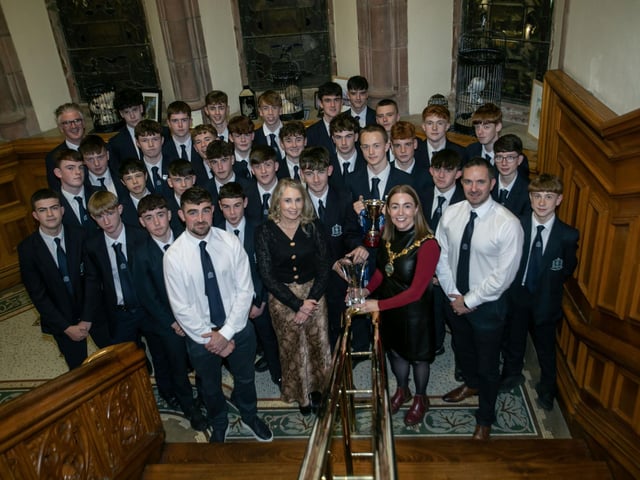 The Mayor of Derry City and Strabane District Council, presenting the Youth Team of the Year award to St. Patricks and St. Brigid's College, Claudy at Thursday night's DCSDC Sports Awards. (Photos: Jim McCafferty Photography)