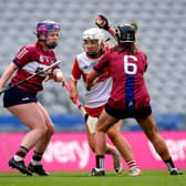 Derry’s Aoife Shawe and Muireann Scally of Westmeath battle during Sunday's Very Camogie League Division 2A Final in Croke Park. (Photos: INPHO/Ryan Byrne)