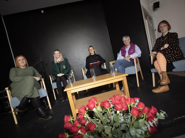CELEBRATING WOMEN. . . . .The speakers at Tuesday's International Women's Day panel discussion ''Listening to Change from Local Women' at the Gasyard Centre. From left, Michaela O'Hagan, Olena Vorona, Louise Moorehead, who chaired the event, Jacquie Loughrey and Maeve Gallagher. (Photos: Jim McCafferty Photography)