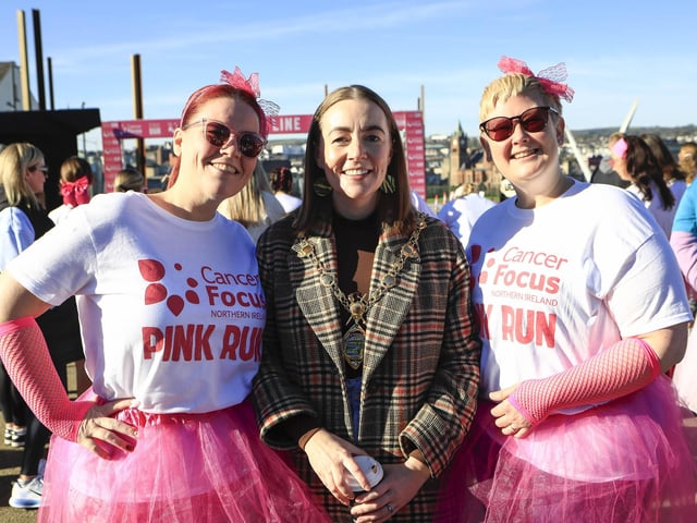 Mayor Grace Uí Niallais with Claire and Lynette at the Cancer Focus NI Pink Run held in Ebrington Square, on Sunday. (Photo - Tom Heaney, nwpresspics)