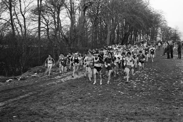 Runners set off in the 1984 Ulster Cross Country Championships at St Columb's Park.