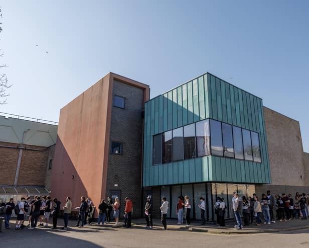 Students queue for the Meningitis B vaccine on March 19, 2026 in Canterbury. (Photo by Dan Kitwood/Getty Images)