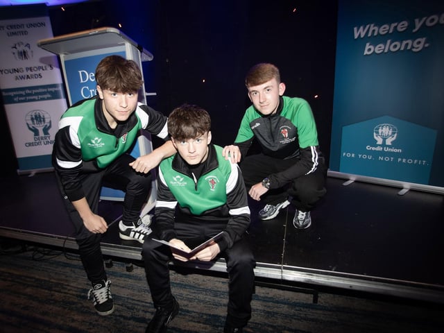 Ciaran Mullan, captain, centre pictured with team mates Sean Harkin and Kyle Redden, who were nominated for Monday night's Derry Credit Union Young People's Awards 2025.