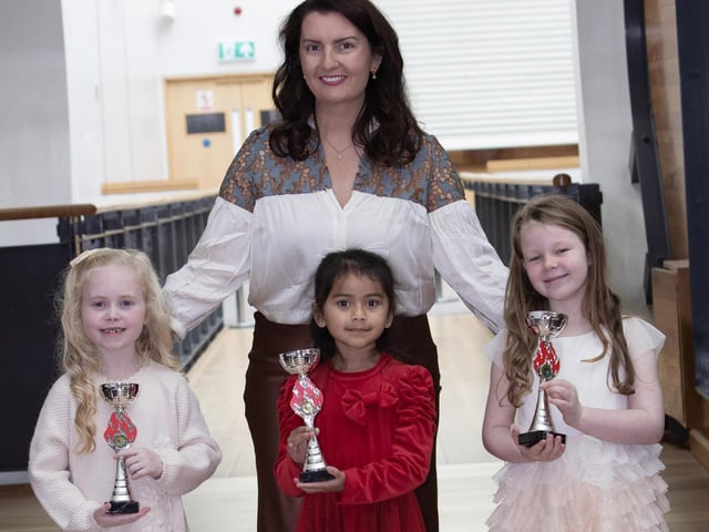 P3 Pupils Lexie McGinley, Nora AlManan and Fiadh Heffernan with Ms. Biddle. : Foyle School of Speech and Drama's fantastic annual charity feis for the Foyle Hospice