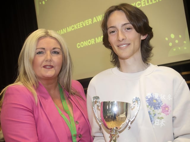 Mrs Ciara Deane, Principal, pictured with Conor McGahey, KS4 Pupil of the Year and Top GCSE resuls winner, during Senior Prizegiving. (Photos: Jim McCafferty Photography) : .