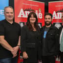 The team behind the Grove Theatre Group's production of Annie,  Roderick Canning,  Lana Campbell, Stephen Carlin and Martin Mullan pictured on the opening night at the Millennium Forum, which drew a full house. The show runs daily until Sunday, with tickets on sale via the Millennium Forum. Photo: George Sweeney