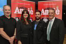 The team behind the Grove Theatre Group's production of Annie,  Roderick Canning,  Lana Campbell, Stephen Carlin and Martin Mullan pictured on the opening night at the Millennium Forum, which drew a full house. The show runs daily until Sunday, with tickets on sale via the Millennium Forum. Photo: George Sweeney