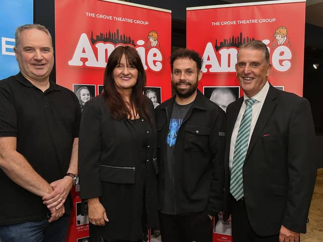 The team behind the Grove Theatre Group's production of Annie,  Roderick Canning,  Lana Campbell, Stephen Carlin and Martin Mullan pictured on the opening night at the Millennium Forum, which drew a full house. The show runs daily until Sunday, with tickets on sale via the Millennium Forum. Photo: George Sweeney