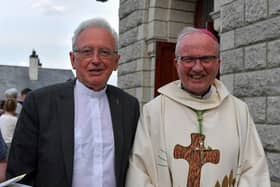 Fr Con McLaughlin PP pictured with The Most Reverend Dr Donal McKeown, Bishop of Derry, after Mass, at the Church of the Sacred Heart, Carndonagh, on Saturday evening, to mark the occasion of Fr McLaughlin’s Golden Jubilee in the priesthood.  Photo: George Sweeney. DER2323GS – 165