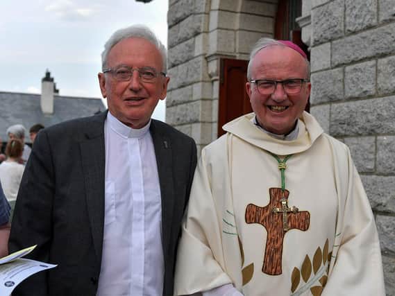 Fr Con McLaughlin PP pictured with The Most Reverend Dr Donal McKeown, Bishop of Derry, after Mass, at the Church of the Sacred Heart, Carndonagh, on Saturday evening, to mark the occasion of Fr McLaughlin’s Golden Jubilee in the priesthood.  Photo: George Sweeney. DER2323GS – 165