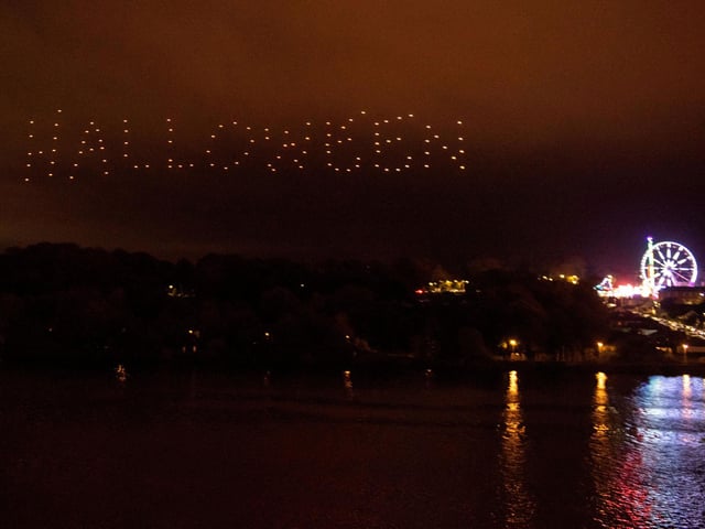 The Drone display over the River Foyle in Derry-Londonderry which was a forts for the city. Picture Martin McKeown. 31.10.23