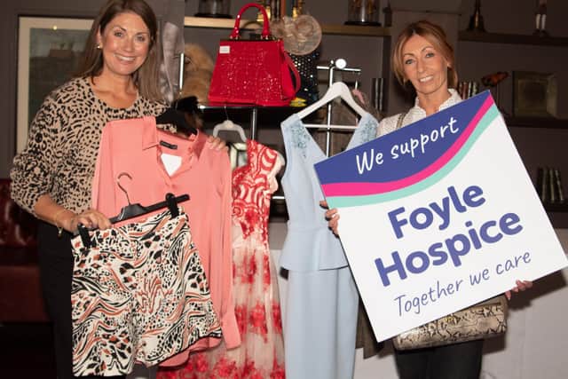 Former BBC News journalist & TV Host, Sarah Travers pictured at the launch of Foyle Hospice Vintage Fashion Fair & Luncheon with Foyle Hospice Shops Manager, Jacqueline McMonagle. Sarah has supported the event since its beginnings 10 years ago.