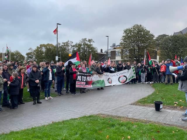 A rally in support of Gaza at Free Derry Corner on Tuesday, October 10.