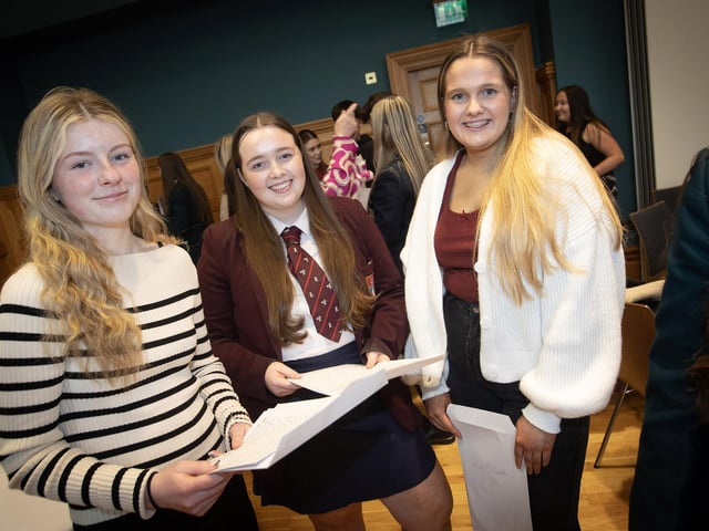 Foyle School of Speech and Drama friends Ariah McGlinchey, Clara Doherty and Orla McLaughlin receiving results on Tuesday at the Guildhall, Derry.