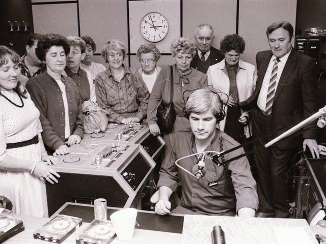 Joe Mahon with attendees at a BBC Radio Foyle Open Day.