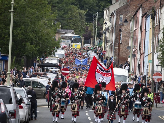 The Foyle Cup Parade 2023 makes its way down Gt. James Street, Derry on Tuesday morning.