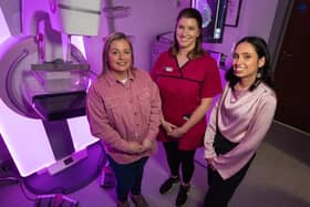 Action Cancer’s Senior Radiographer, Éadaoin Smith (centre) is pictured with Alex Todd from its4women (left) and Breast Friends Fundraiser and Social Media Influencer Francesca McKee (right). Photo: Brian Thompson.