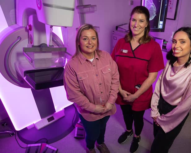 Action Cancer’s Senior Radiographer, Éadaoin Smith (centre) is pictured with Alex Todd from its4women (left) and Breast Friends Fundraiser and Social Media Influencer Francesca McKee (right). Photo: Brian Thompson.