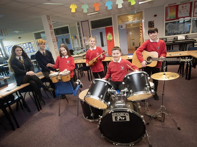 Drumahoe PS pupils during a visit to the Music Department at Oakgrove on Monday.