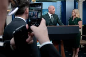 WASHINGTON, DC - MARCH 17: Former UFC champion Conor McGregor briefly speaks with reporters alongside White House Press Secretary Karoline Leavitt before meeting with President Donald Trump in the Brady Press Briefing Room at the White House on Saint Patrick's Day, March 17, 2025. (Photo by Chip Somodevilla/Getty Images)