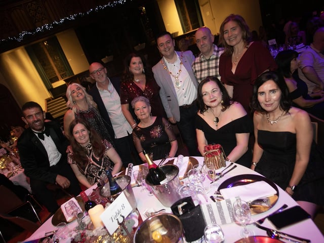 The Mayor Ruairi McHugh pictured with the Council's Media Team at Friday night's event. On left is Micky Doherty, host. : Mayor's Charity Ball.