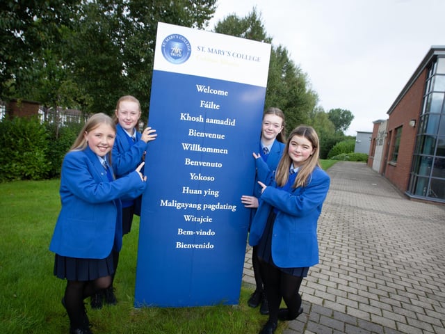 Year 8s Dearbhla Devine, Emily Hamilton, Clodagh Doherty and Lily O'Hagan pictured on their first day at St. Mary's College on Friday last.