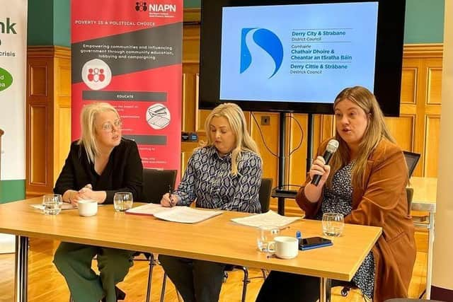 From left, Rayna Downey, Derry Women's Centre, Karen Mullan, Foyle Foodbank and Amie Gallagher, Focus Project.