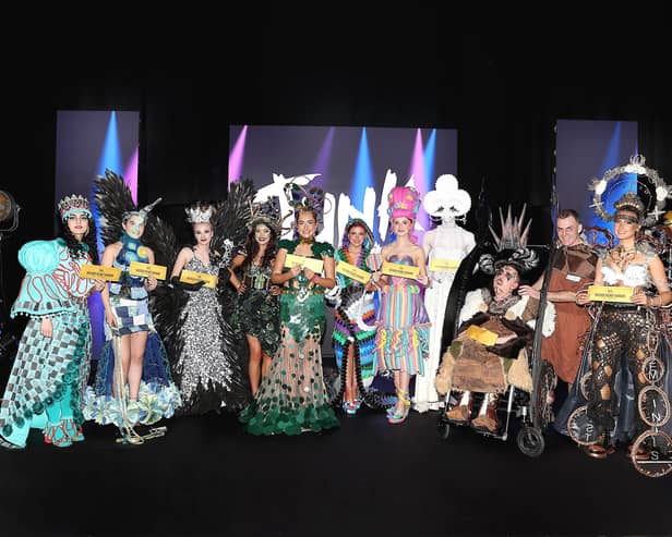 The 10 winning designs at the Junk Kouture Dublin City Final Powered by RTÉ in 3Arena,Dublin. The designs go forward to the Junk Kouture World Final in London on 12th October 2023. Carndonagh Community School's design is middle, fifth from left. Picture Brian McEvoy