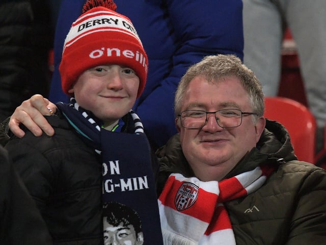 Candystripe fans at the Brandywell for Friday evening’s game. Photo: George Sweeney