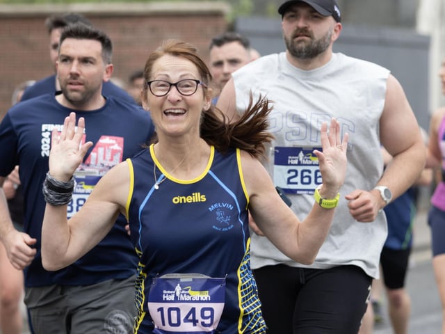 Noleen Dillon is all smiles at the start of the Half Marathon.  (North West Newspix)
