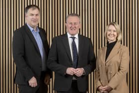 Economy Minister Conor Murphy is pictured with Brendan McGuigan, Director of Advanced Manufacturing and Engineering at Invest NI, and Caoimhe Keogan, Chief People Officer, AVEVA.