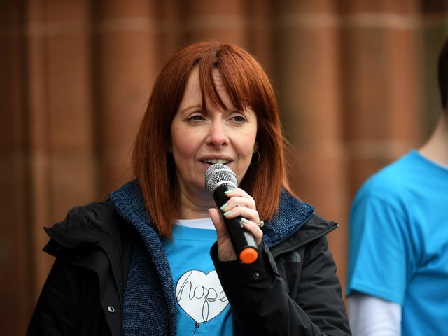 Organiser Alma White speaking at Caleb's Cause rally calling for legal protection for young people with Special Educational Needs who have disabilities in Northern Ireland beyond the age of 19. Photo: George Sweeney