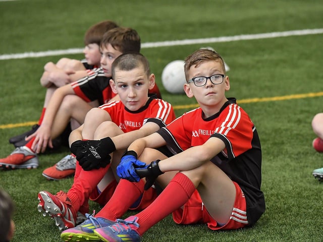 Some of the Primary School pupils who took part in the Cumann na mBunscoil skills test at Sean Dolans GAC on Friday. Photo: George Sweeney
