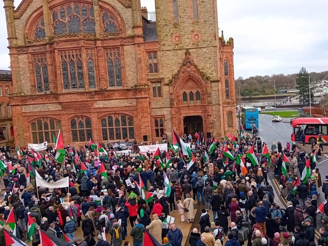 Thousands participate in Derry rally for Palestine calling for a ceasefire in Gaza on January 13, 2024