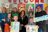 The Mayor of Derry City and Strabane District Council, Councillor Patricia Logue, visited St Anne’s PS, Derry where the Eco-Council led a poster competition on behalf of active travel charity, Sustrans to promote healthy air around schools. Included are St Anne’s PS Vice Principal, Patricia McNutt; Sustrans Active School Travel Officer, Donna McFeely; and Developing Healthy Communities Policy Manager, Joe Newby, along with members of the school Eco-Council and poster competition winners.