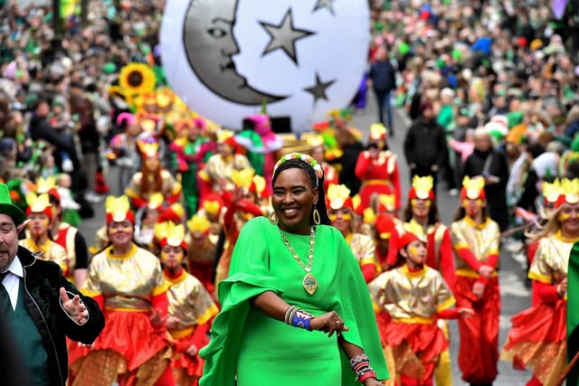 The Derry St Patrick’s Day parade, led by Mayor Lilian Seenoi Barr makes its way towards the city centre on Monday afternoon. Photo: George Sweeney.
