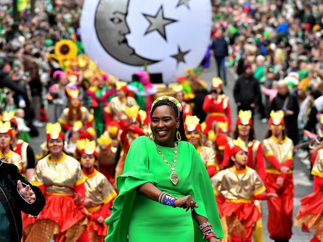 The Derry St Patrick’s Day parade, led by Mayor Lilian Seenoi Barr makes its way towards the city centre on Monday afternoon. Photo: George Sweeney.