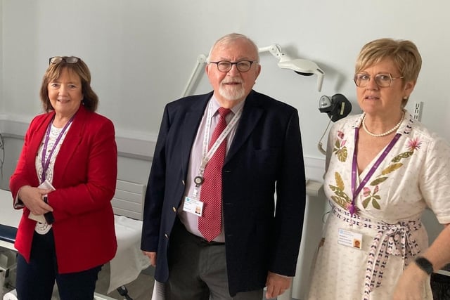 Western Trust’s Director of Acute Services, Geraldine McKay and Chair of the Western Trust Board Dr. Tom Frawley with staff at the official opening of a new antenatal clinic at Altnagelvin.