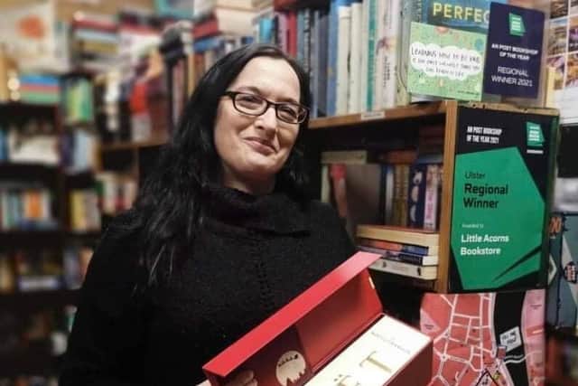 Jenni winning the Regional (Ulster) of the An Post  Irish Bookshop of the Year 2021 in her premises at Foyle Street, Derry