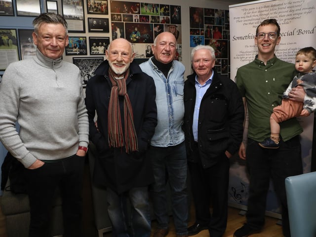 Group pictured at the Showband reunion held in the Maldron Hotel. From left, are Willie Coyle, Francis Canning, Harry McGilloway, Mickey Feeney, John Layton with his son Alex. (Photo - Tom Heaney, nwpresspics)