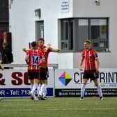 Derry City players celebrate Will Patching’s goal against KuPs FC. Photo: George Sweeney.DER2330GS -