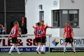 Derry City players celebrate Will Patching’s goal against KuPs FC. Photo: George Sweeney.DER2330GS -