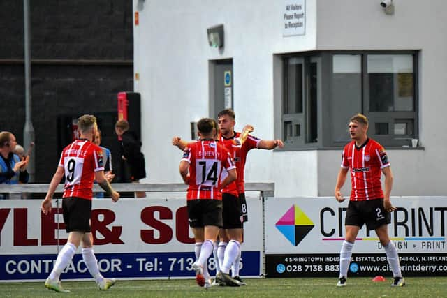 Derry City players celebrate Will Patching’s goal against KuPs FC. Photo: George Sweeney.DER2330GS -