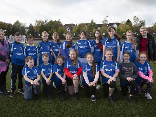 Children from Holy Child PS, Creggan who competed in the Primary Schools Duathlon at St. Mary’s College.