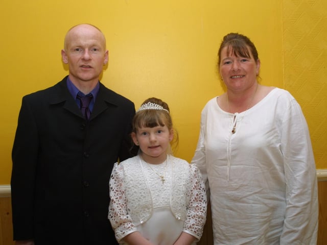 Linda pictured with mum and dad Kitty and Gabriel Duddy at the First Communion Party