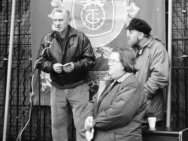 Speakers at a low wage protest in Guildhall Square.